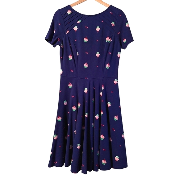 Unique Vintage Cupcake Cherry Short Sleeve Fit And Flare Navy Blue Midi Dress - Picture 1 of 8